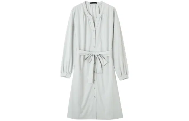 【dme】 纯色圆领单排扣休闲长袖连衣裙