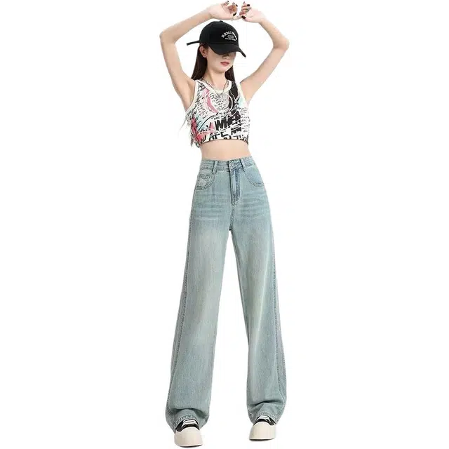 欧迪芬 美式基础水洗浅色系直筒女春夏阔腿小个子高腰宽松垂感牛仔裤 女款 浅蓝色