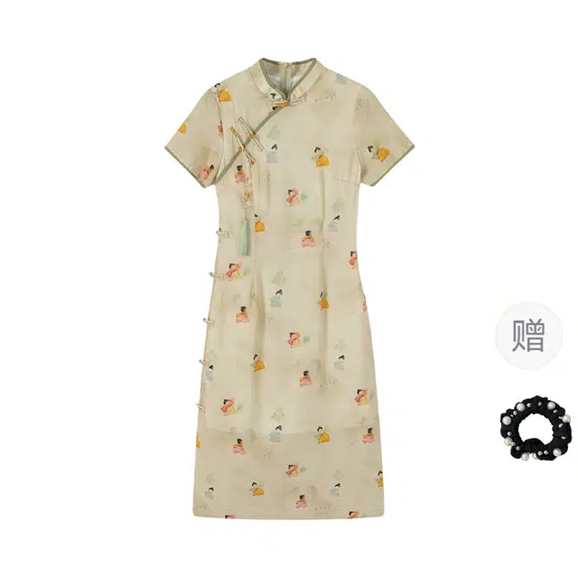 雾闪闪 舒适时尚休闲百搭短袖连衣裙 女款 （柠檬黄+发圈）买赠
