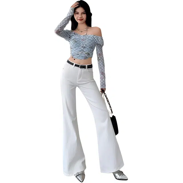 纤丝鸟 美式潮流高腰显瘦微喇长裤流行阔腿修身时尚设计感牛仔裤 女款