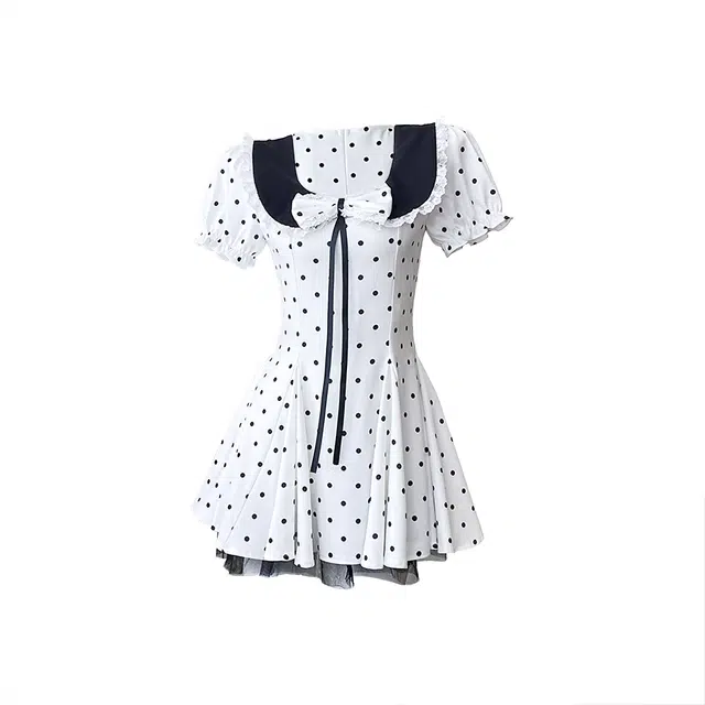 敲模女孩 法式复古甜美波点方领修身收腰蓬蓬公主裙短袖连衣裙 女款