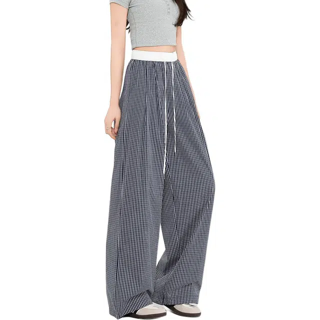 法文箱子 宽松格纹高腰阔腿长裤休闲裤 女款