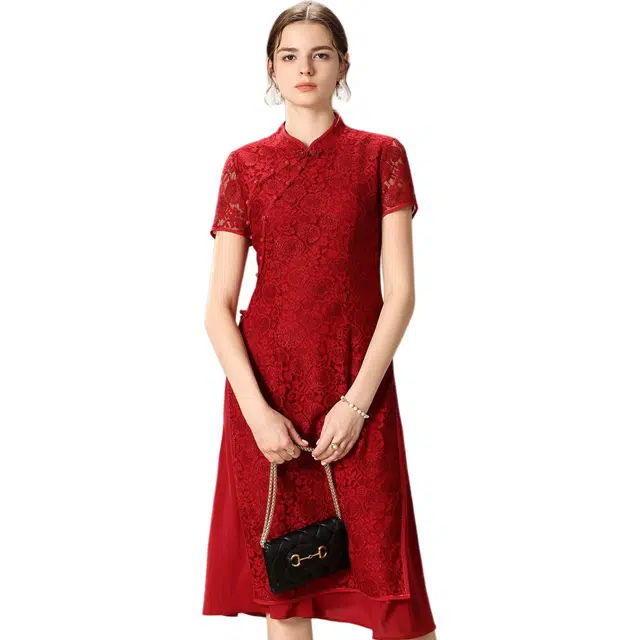 粉红玛琍 盘扣立领修身蕾丝改良旗袍短袖连衣裙 女款 红色