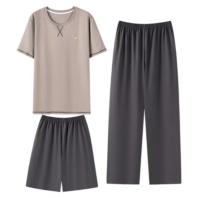 向薇 纯色圆领舒适短袖长裤简约外穿睡衣套装 男款