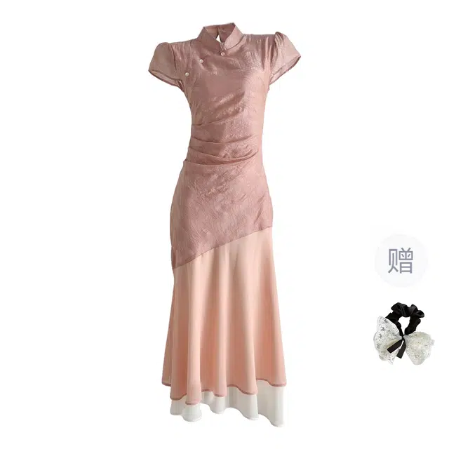 涂诗菲 新中式国风复古高级感绝美收腰短袖连衣裙 女款 橘粉色