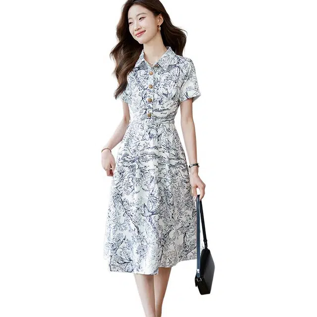 曲韩 法式衬衫领国风水墨高级感轻奢短袖连衣裙 女款 花色