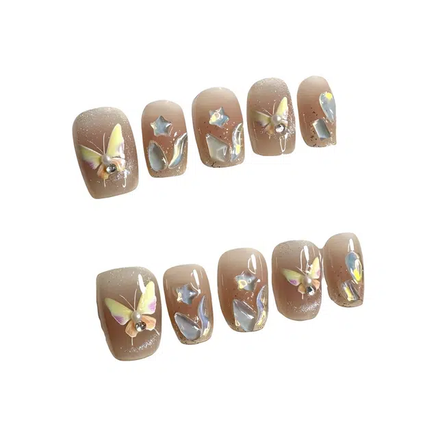 计轩 腮红猫眼法极光蝴蝶  穿戴甲 短方圆粉色晕染 法式