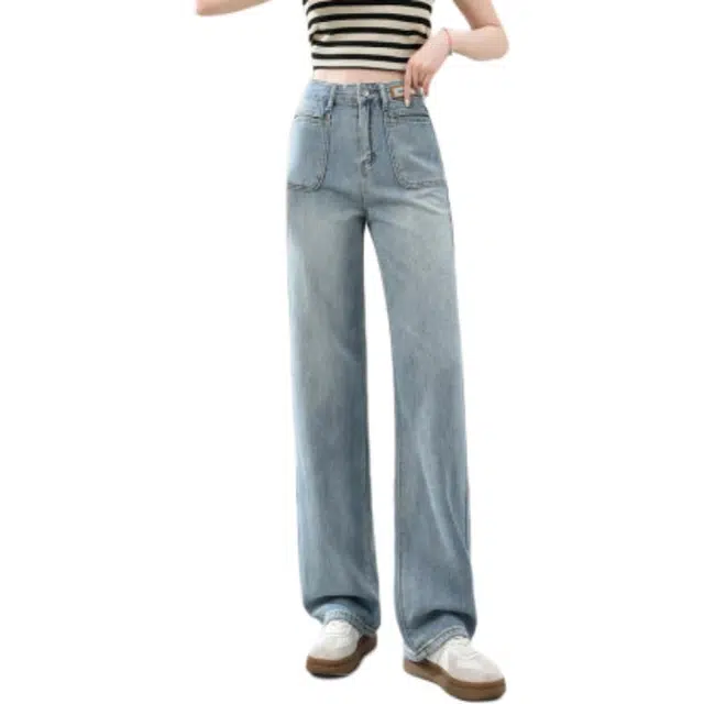 轻迎 高腰宽松复古时尚潮流牛仔裤 女款