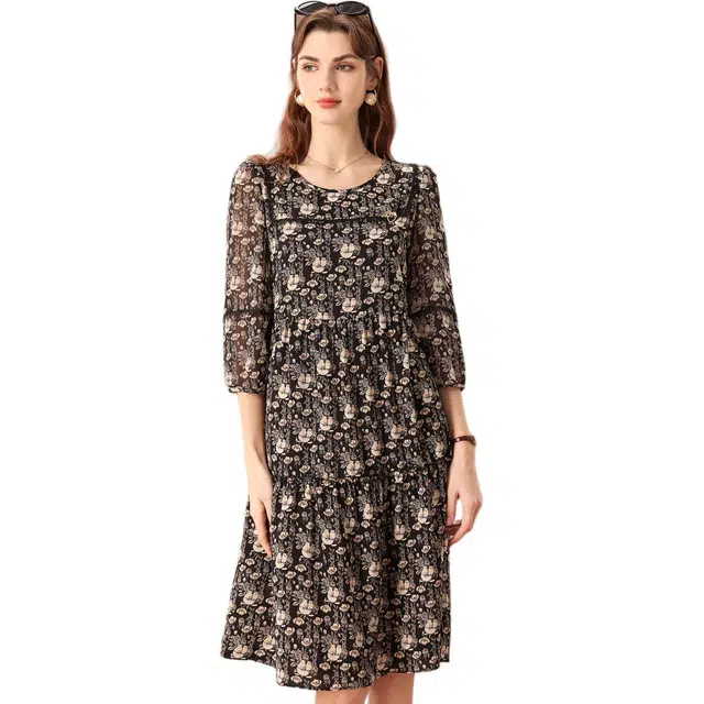 粉红玛琍 宽松圆领七分袖长袖连衣裙 女款 黑花