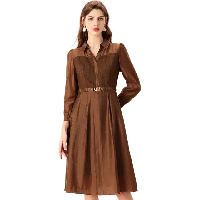 粉红玛琍 纯色修身轻薄微弹高腰中长款长袖连衣裙 女款 咖色