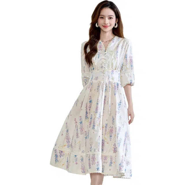 爱依莲 时尚优雅小众飘逸雪纺裙慵懒感通勤桔梗裙清爽透气短袖连衣裙 女款 图片色