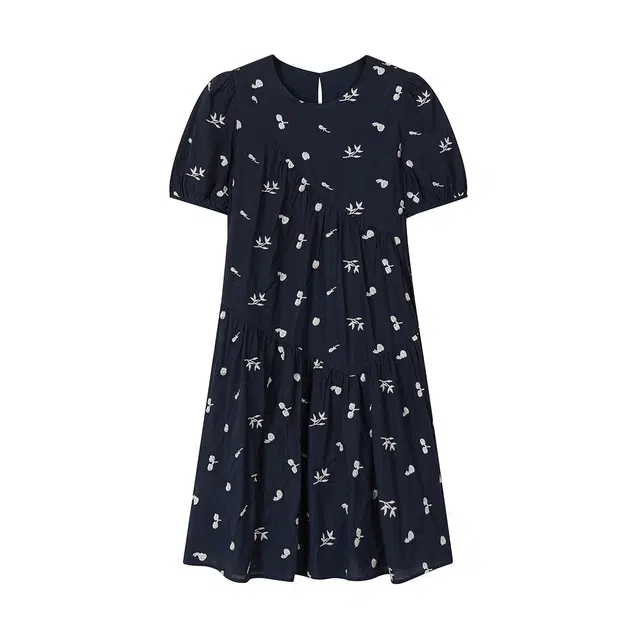 夏日会在晚餐后 全棉绣花带里布圆领斜裁中长款束腰显瘦短袖连衣裙 女款 法国海军蓝