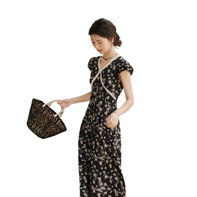 谜秀 复古港式温柔百搭日常法式时尚舒适短袖连衣裙 女款 复古黑