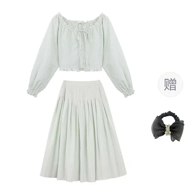 雾闪闪 休闲百搭木耳边条纹系带长袖和半身裙衬衫套装 女款