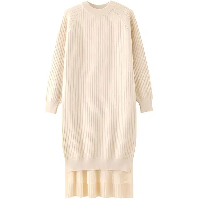 曲韩 纯色圆领中长款长袖连衣裙 女款 米杏