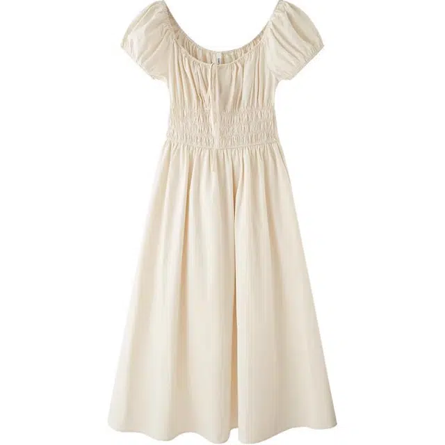 三福 纯色绑带方领收腰泡泡短袖连衣裙 女款