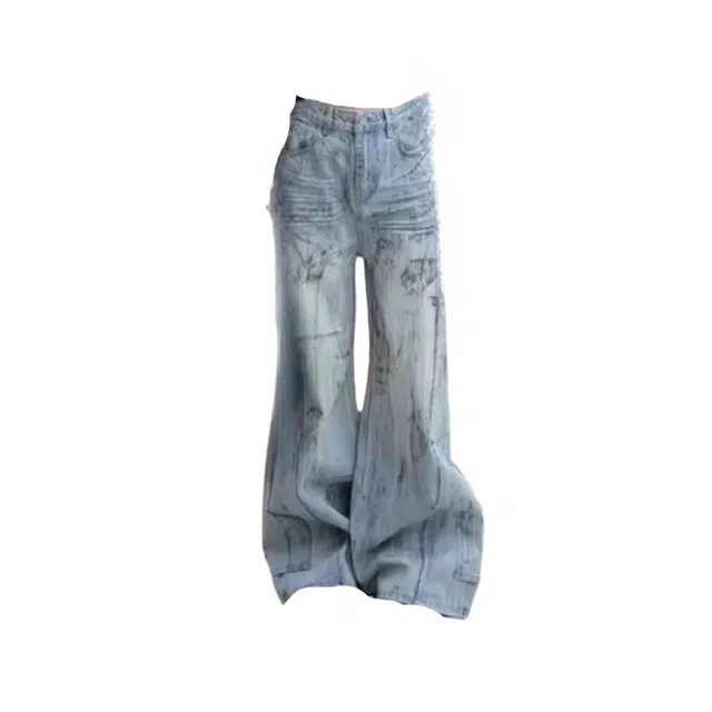 桴生 美式高街做旧脏染辣妹废土风宽松垂感休闲拖地裤牛仔裤 女款 蓝色