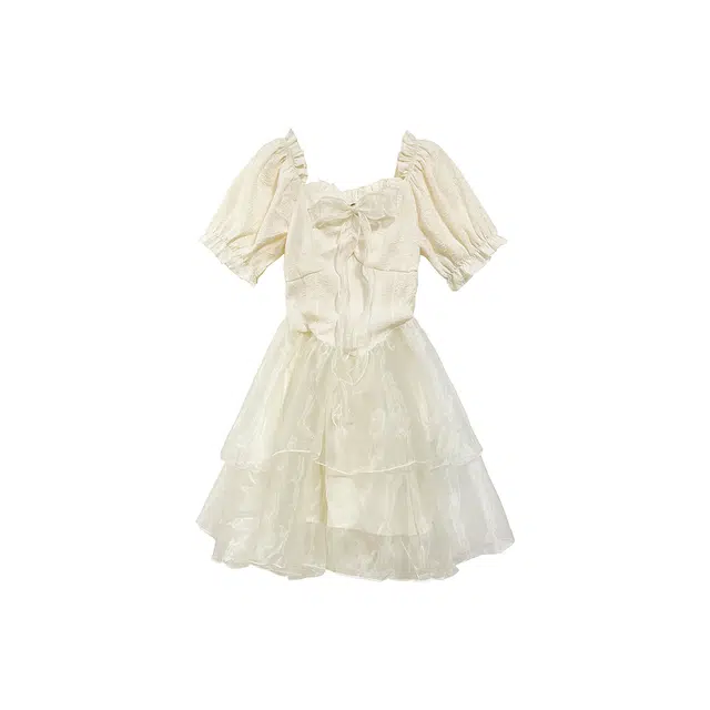 沐晓欣 韩版设计感甜美可爱时尚简约舒适蝴蝶结休闲百搭时尚公主收腰蛋糕蓬蓬裙淑女短袖连衣裙 女款 杏色