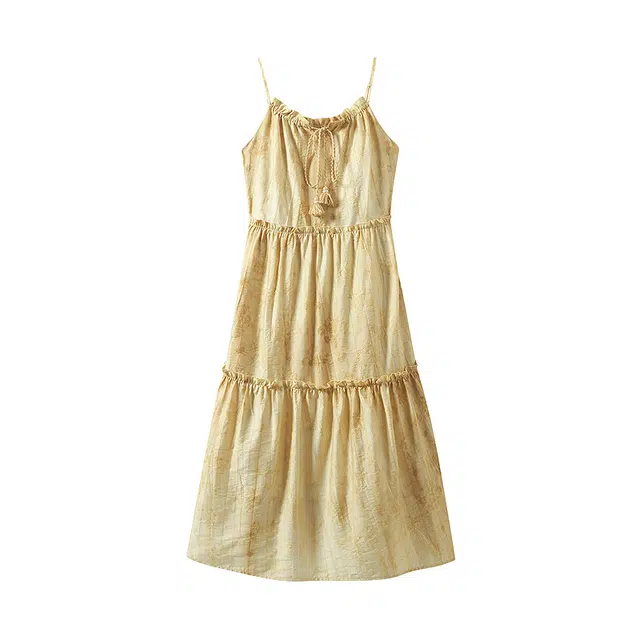 茵曼 晕染流苏绳木耳领收腰百搭吊带连衣裙 女款 浅黄色