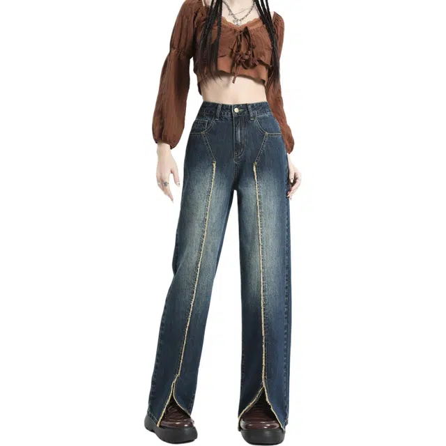 玫丝朵 拼接开叉毛边设计宽松直筒阔腿牛仔裤 女款 复古蓝