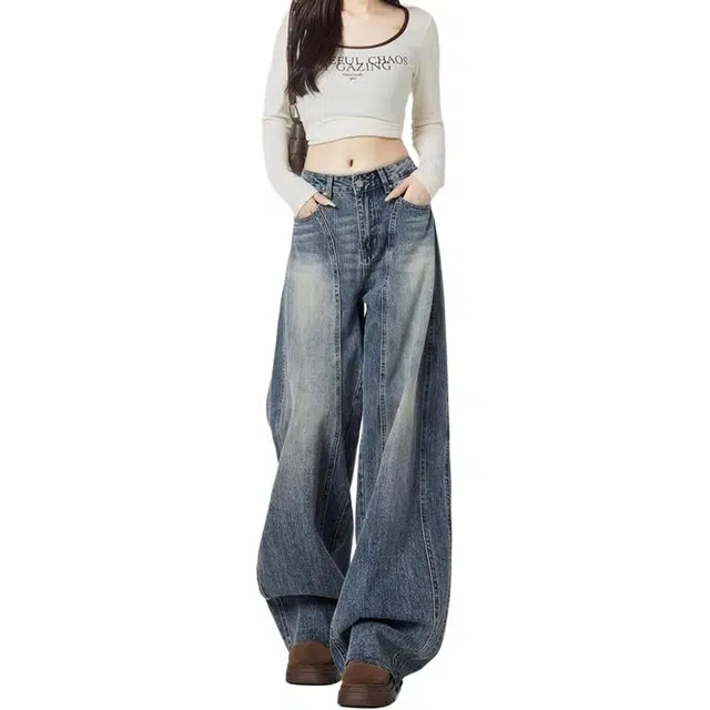 哒头下雨不愁 美式高街复古拼接宽松高腰垂感弯刀阔腿长裤牛仔裤 男女同款