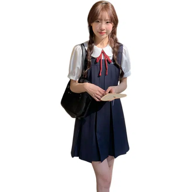 东鲸岁时记 时尚设计感穿搭百搭短袖连衣裙 女款 礼盒装 藏青色