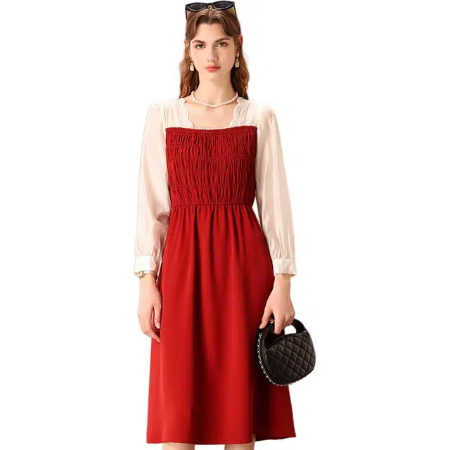 粉红玛琍 拼色方领中长款长袖连衣裙 女款 红色