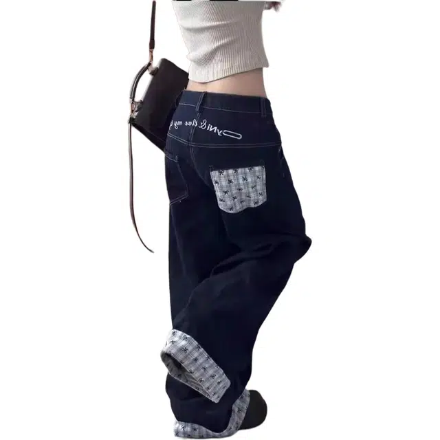 么宁 背面美式复古格子拼接设计感蝴蝶结裤子宽松阔腿拖地长裤牛仔裤 男女同款 牛仔蓝