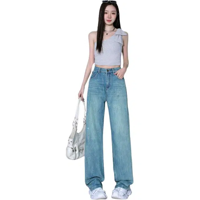玫丝朵 美式潮流设计时尚百搭宽松阔腿牛仔裤 女款 烫钻孔雀绿