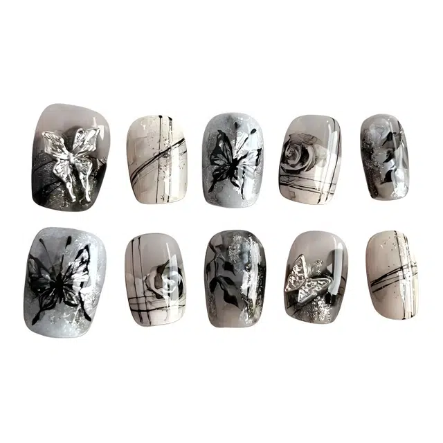 计轩 服帖自然半手工蝴蝶辣妹山茶花暗黑  穿戴甲 中梯黑色晕染