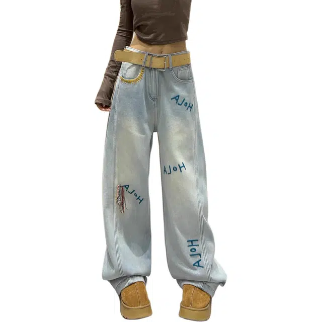 缪斯的诱惑 浅色阔腿裤刺绣字母小众设计显瘦宽松拖地裤牛仔裤 女款 浅蓝色