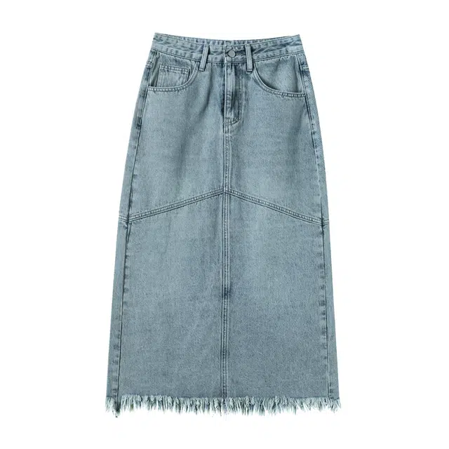 法文箱子 流苏复古舒适开叉长款裙子牛仔长裙 女款 蓝