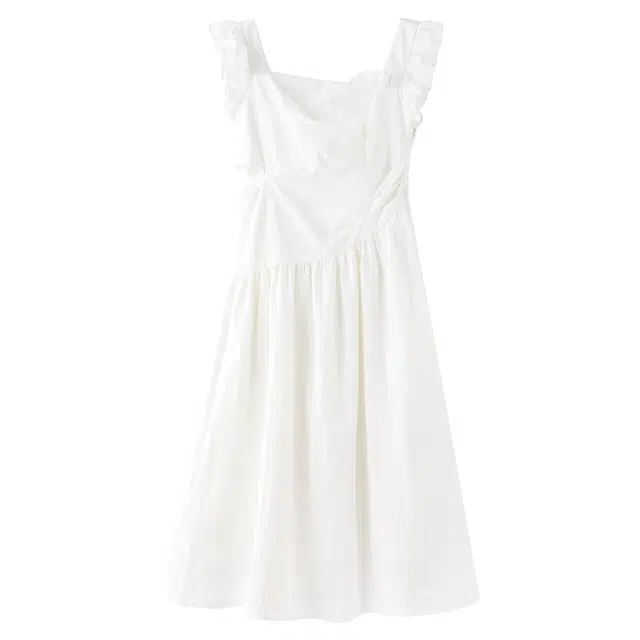 花栗鼠小姐 法式气质甜美初恋感纯色飞飞袖设计感镂空褶皱收腰显瘦含内衬防走光短袖连衣裙 女款 白色