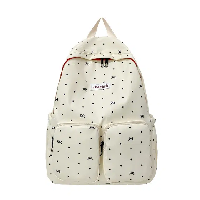 笛贝嘉 韩版校园风波点蝴蝶结时尚 复合布 双肩包 常规 女款 米白色/黑色