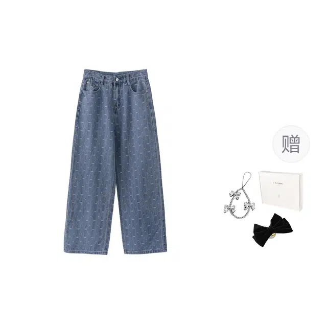 法儿家 蝴蝶丹宁韩系印花休闲芭比牛仔裤 女款 牛仔蓝