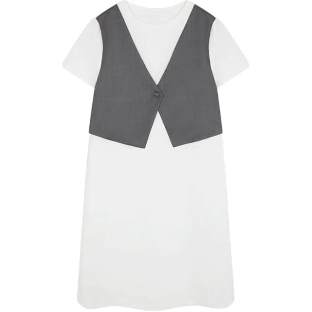 沫晗依美 撞色拼接假两件短袖连衣裙 女款 灰拼白