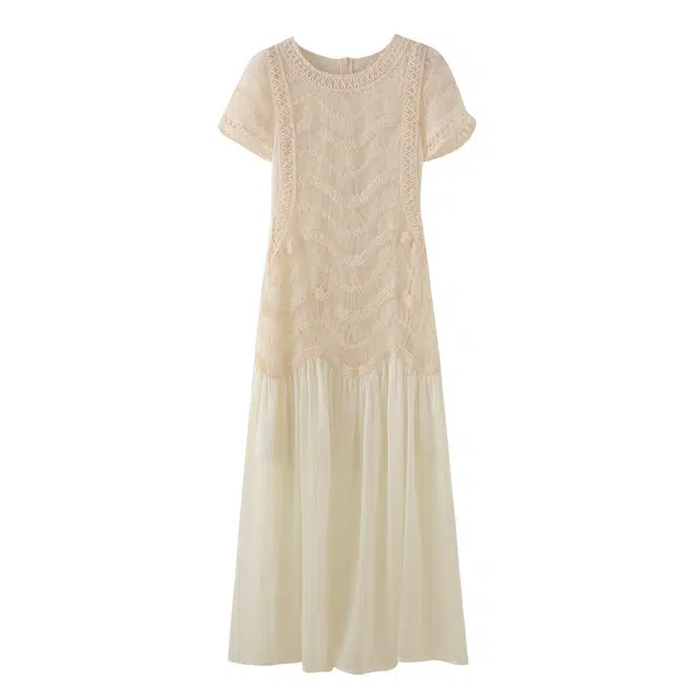 花栗鼠小姐 雾中仙语   法式髙级感重工蕾丝拼接长裙修身显瘦长款短袖连衣裙 女款 米白