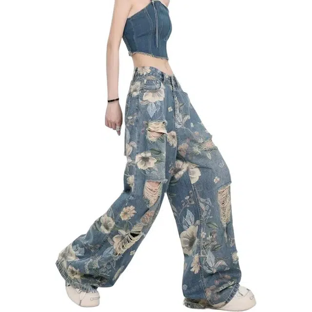 欧迪芬 美式破坏风辣妹复古做旧碎花满印破洞高腰宽松牛仔裤 女款 蓝色