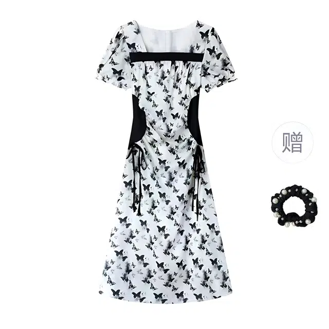 雾闪闪 法式蝴蝶印花方领设计感收腰短袖连衣裙 女款