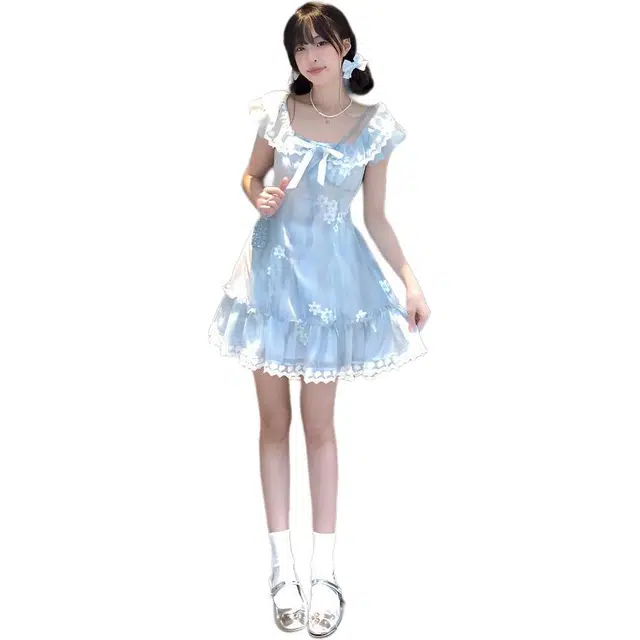 缪斯的诱惑 流光花梦小众设计超好看碎花女夏梨形身材收腰短袖连衣裙 女款 蓝色