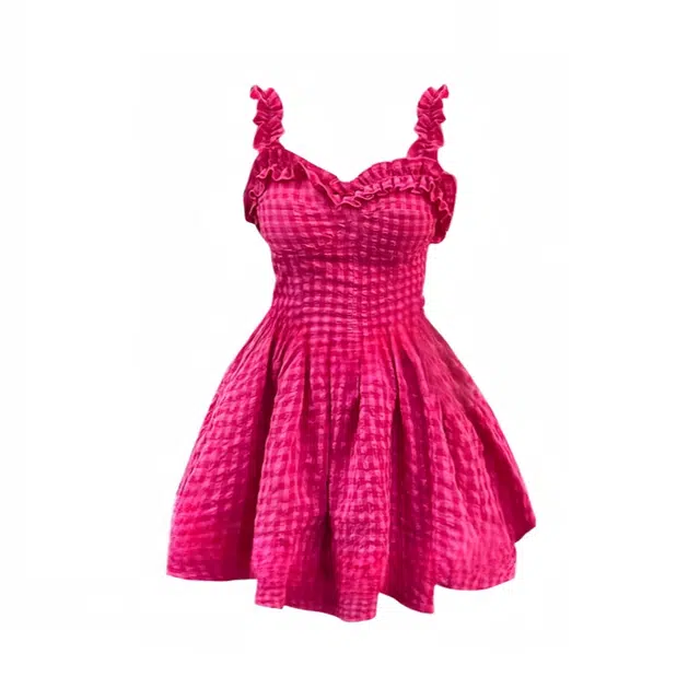 费尔岛上的猫 格子褶皱蓬蓬收腰显瘦公主裙吊带连衣裙 女款