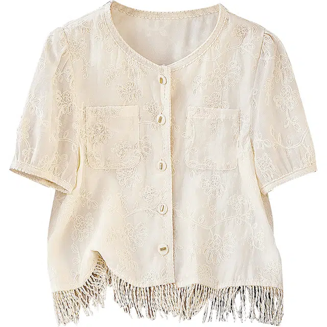她池 圆领衬衣新中式流苏刺绣短袖衬衫 女款