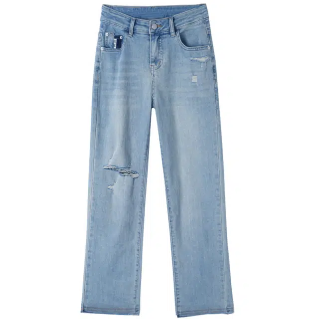 潞优野 夏季薄款破洞高腰显瘦牛仔裤 女款 蓝色