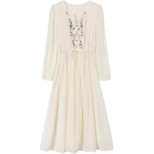 古莲菲 纯色复古重工花卉刺绣长袖连衣裙 女款 杏色