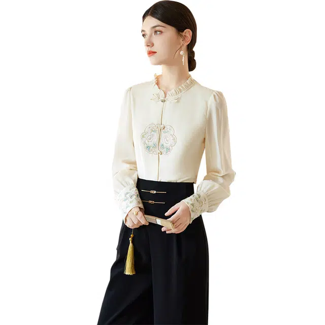 她池 国风新中式衬衫搭高腰阔腿裤气质两件套休闲套装 女款