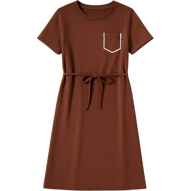 潞优野 圆领纯色宽松时尚百搭设计感短袖连衣裙 女款 砖红