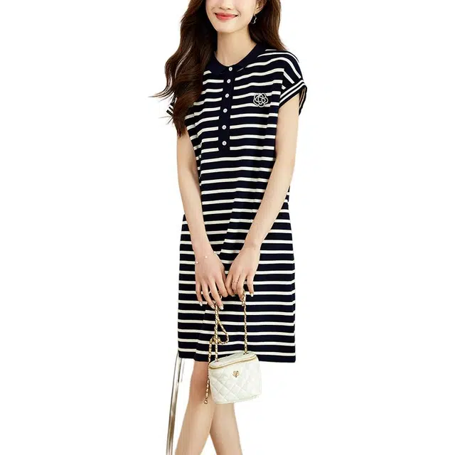 曲韩 翻领条纹宽松遮肉中长裙子时尚休闲夏季短袖连衣裙 女款