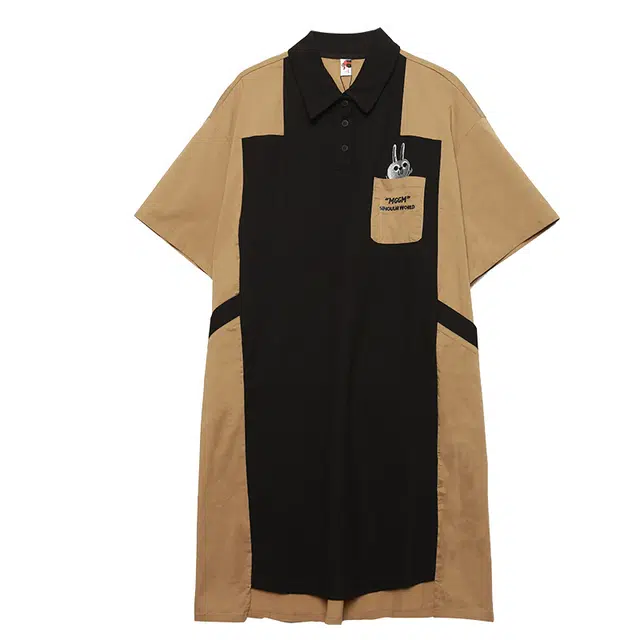 木果果木 工装风复古气质拼接休闲百搭短袖连衣裙 女款 卡其