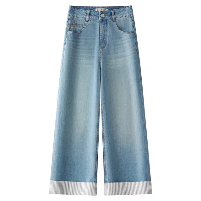 潞优野 阔腿高腰宽松小个子时尚设计牛仔裤 女款 蓝色