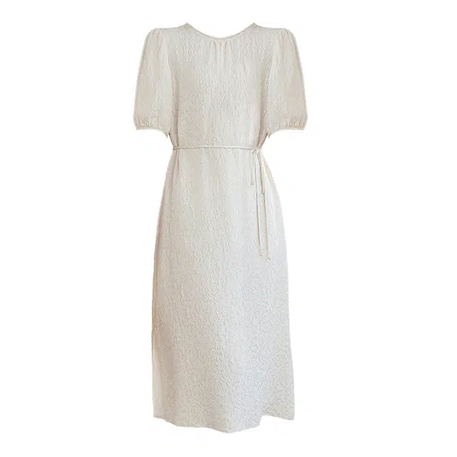 水墨佳人 植物花卉圆领中长短袖连衣裙 女款 米金色